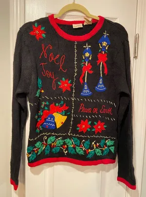 VTG 80s Bobbie Brooks Size S Vintage Holiday Sweater Black Embroidered Peace thumbnail 1