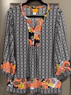 Ruby Rd. Black Geometric Tunic with Coral Floral Trim thumbnail 2