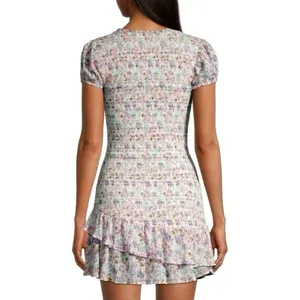 LOVESHACKFANCY Floral Smocked Mini Dress Puff Sleeve Asymmetric Ruffle Coquette thumbnail 3