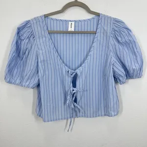 Abound Blue Striped Puff Sleeve Square Neck Tie Front Crop‎ Top Womens L thumbnail 2