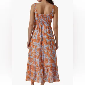 Astr The Label Medium Orange Blue Floral Square Neck Midi Dress thumbnail 2