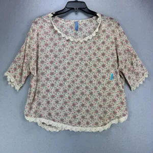 Free People Top Women's M Tan Floral Semi Sheer Crochet Trim Cottagecore thumbnail 3