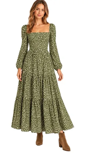 REFORMATION Kellie Maxi Tiered Dress Green Moiret Polka Dots Size 2 thumbnail 1