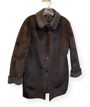 Lands' End Faux Suede Shearling Coat Jacket Longline Women's Size M 10-12‎ Black thumbnail 1
