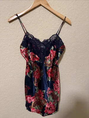 Victoria's Secret Vintage Floral Lace-Trim Navy Satin Cami gown thumbnail 2