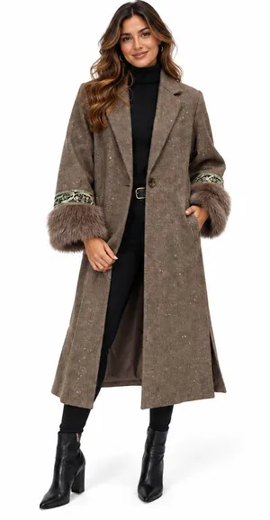 NKN Nekane Womens Wool Blend Coat Sz Small Brown Herringbone Faux Fur Old Money thumbnail 1