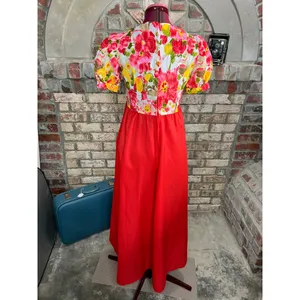 maxi Dress empire waist puff sleeve floral red yellow green 1970s thumbnail 4