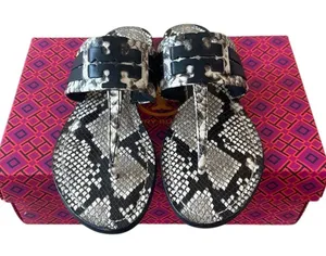 Tory Burch Leigh Thong Sandals 8.5‎ Roccia Snakeskin Black Logo thumbnail 1