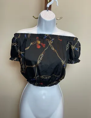 Iris Off‑Shoulder Crop Top Size M Black Gold Chain Detail thumbnail 1
