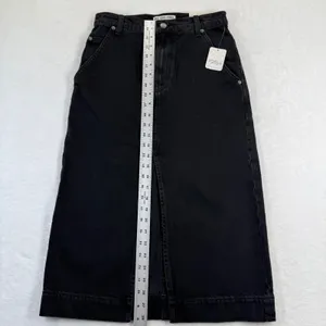Free People We The Free Black Denim Midi Skirt Front Slit High Rise‎ Size 24 NEW thumbnail 6