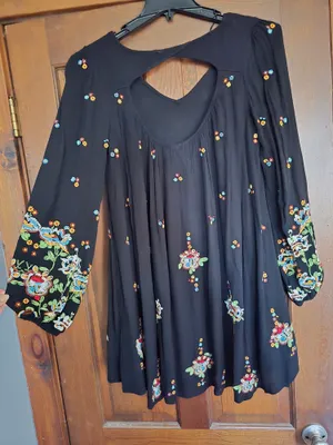 O Free People Black Mini Dress with Colorful Floral Embroidery Medium thumbnail 7