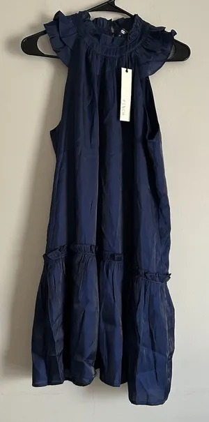 NWT Pinch Boutique Dress Small‎ Navy Blue Ruffle Neck And Trim Holiday Preppy thumbnail 1