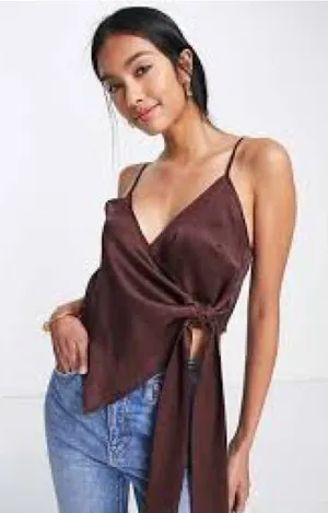 ASOS Design Brown Satin Wrap Top thumbnail 1