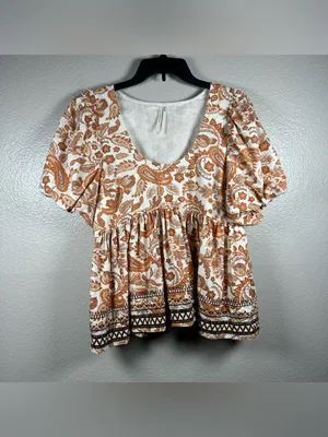 Anthropologie Puff-Sleeve Peasant babydoll Top in Rust Paisley SZ:L thumbnail 4