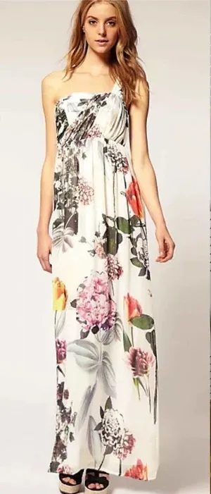 ASOS Floral One Shoulder Maxi Dress‎ in White Size 2 thumbnail 1