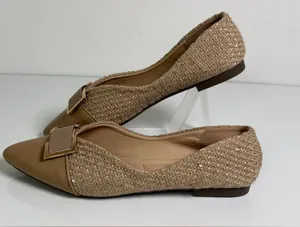 LDEBAO Women’s Tweed Pointed Toe Ballet Flats Beige Gold Buckle Sz US 8 thumbnail 1