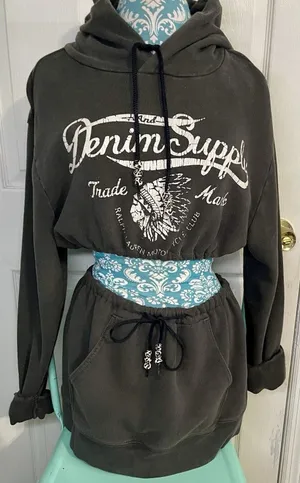 Denim & Supply Ralph Lauren Reworked Crop Hoodie Skirt Set Charcoal Gray L thumbnail 1
