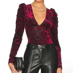Free People Women Bodysuit S Burgundy Midnight Combo Burnout Velvet Puff Sleeve thumbnail 2