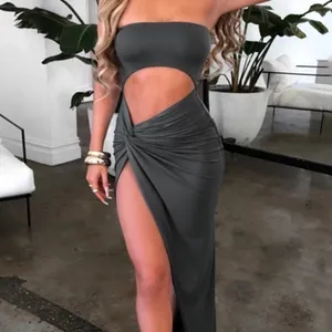 Charcoal Gray Bandeau Cutout Side-Slit Maxi Dress NWT thumbnail 6