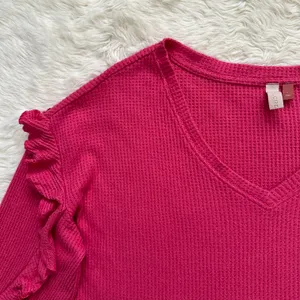 Anthropologie Pilcro Top Ruffled V-Neck Shirt Waffle Knit Raspberry Pink L thumbnail 6