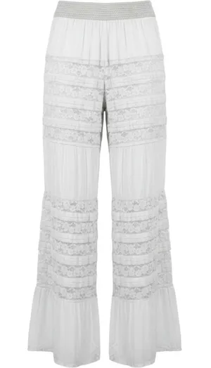 Made in Italy Lace Tiered Wide Leg Pants Womens M L Gray Boho Ruffle Crinkle thumbnail 1