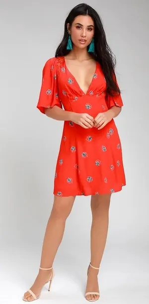 Free People Mockingbird Floral Mini Dress Coral Red Open Back Boho Size 4 thumbnail 1