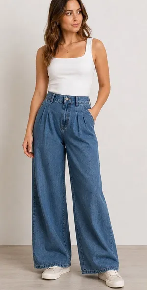 Blue Denim Pleated Wide Leg Trouser Jeans Sz S thumbnail 1