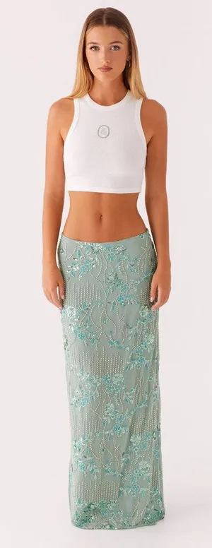 Green Allover Beaded Sequin Maxi Skirt Resort Vacation Glam Women's size Medium thumbnail 1