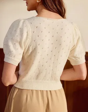 White Short Sleeve Knit Cardigan with Heart Buttons thumbnail 2