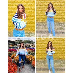Long Sleeve Striped Color Block Casual Loose Knitted Pullover Sweater Top Medium thumbnail 5
