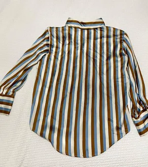 Zara satin striped shirt blue tan brown longsleeve buttondown thumbnail 5