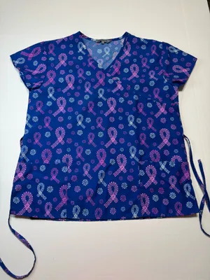 Wear For Care Pink and White Breast Cancer Awareness Scrub Top Size Medium thumbnail 1