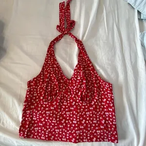 No Boundaries Red halter top with white flowers thumbnail 1