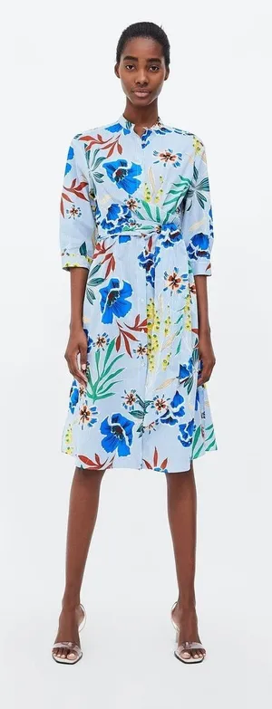 Zara Tie Waist Floral Pinstriped Shirt‎ Dress Women's Cotton Medium thumbnail 1