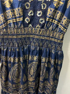 Me 2 Magic Navy Gold Sequin Paisley Smocked Boho Festival Maxi Dress thumbnail 4