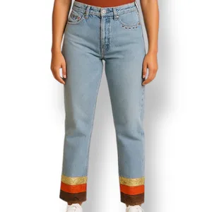 Vintage 90s Levi’s 501 Jeans Custom Brown Boho Stripe Hem USA Made Festival Wear thumbnail 10
