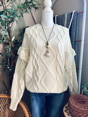 American Eagle Chunky Cable Knit Fringe Sleeve Sweater Small thumbnail 1