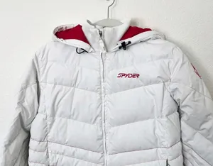 [Spyder] White Winter Puffer Ski Snowboard Jacket Hooded Rainbow Seams Size 4 thumbnail 3