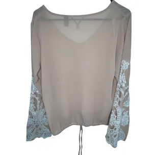 BKE Pink Sheer Lightweight Blouse With Lace Embroidered Bell Sleeves thumbnail 4