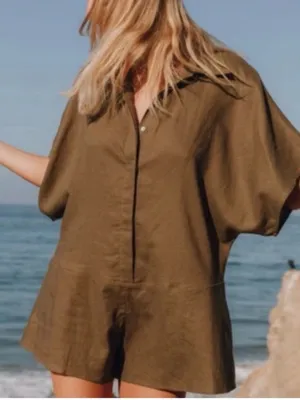 Daily Drills Linen Green Button Down Romper M/L thumbnail 1