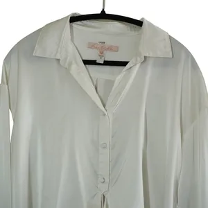 Hutch Medium White Cream Satin Tie‎ Front Long Sleeve Button Down Blouse Chic thumbnail 2