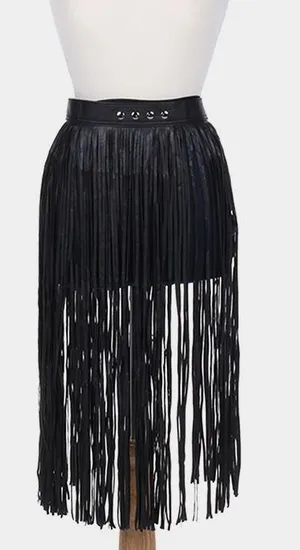 SimplyBeautyful Fringe Faux Leather Long Skirt….One Size….Black thumbnail 1