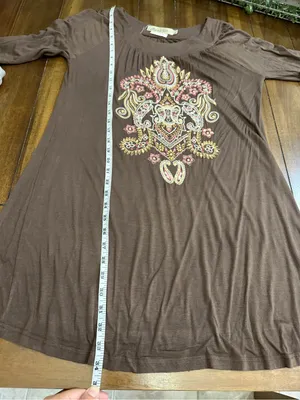 Real Brown Embroidered Boho Tunic Dress Size L Paisley 3/4 Sleeve thumbnail 6