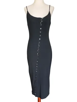 Blanc black ribbed-knit midi dress with asymmetric curved row of front buttons thumbnail 7