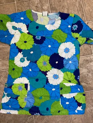 Floral Blue and Green Scrub Top thumbnail 1