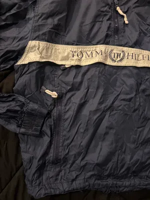 {TOMMY HILFIGER} Vintage Navy Blue Hooded Anorak Pullover Spellout Windbreaker thumbnail 2