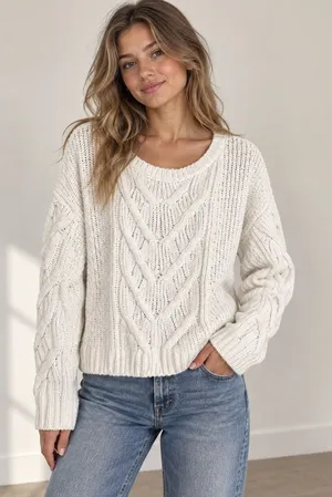 Aeropostale Women’s Medium White Chenille Cable Knit Sweater thumbnail 1