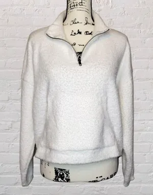 Nordstrom RDI LG Womens White Cropped Quarter Zip Pullover Teddy Sweatshirt NWOT thumbnail 1