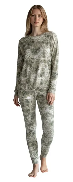KIKIT Lounge Set Women Small Green White Tie Dye Drawstring Top Joggers 2pc Cozy thumbnail 1