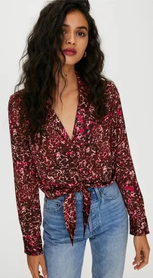 Aritzia Wilfred Silky Tie-Front Blouse Ptna Brown/E.‎ Fuchsia Size Medium thumbnail 1